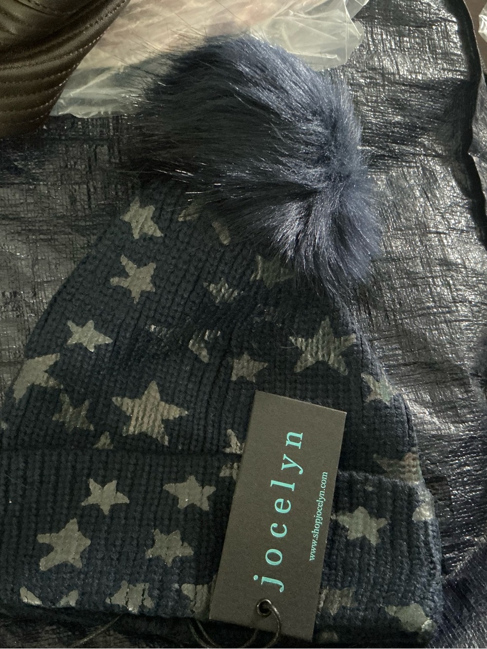 jocelyn Navy and Light Gray Star Knit Pom Beanie
